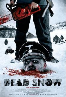 The poster for the movie featuring a zombie Nazi head laying severed in the white snow, while a dude with a chainsaw stands above