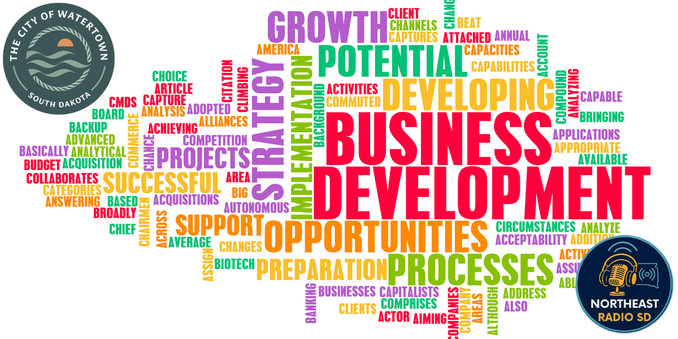 Word cloud on business development with terms like strategy, growth, and opportunities. Logos for Watertown and Northeast Radio SD included.