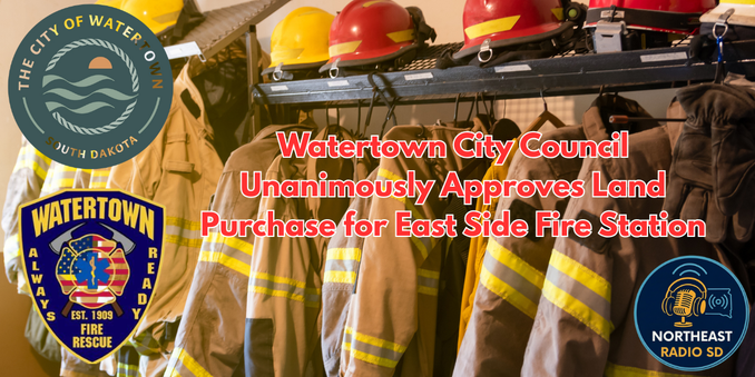 Firefighting gear hangs on a rack. Text: Watertown City Council approves land for East Side Fire Station. City and radio logos present.
