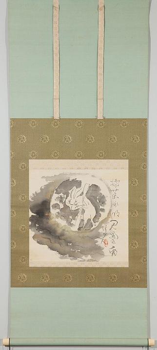 Artist Tomita Keisen (冨田溪仙 1879-1936) ink drawing of a rabbit pounding mochi on the moon.
