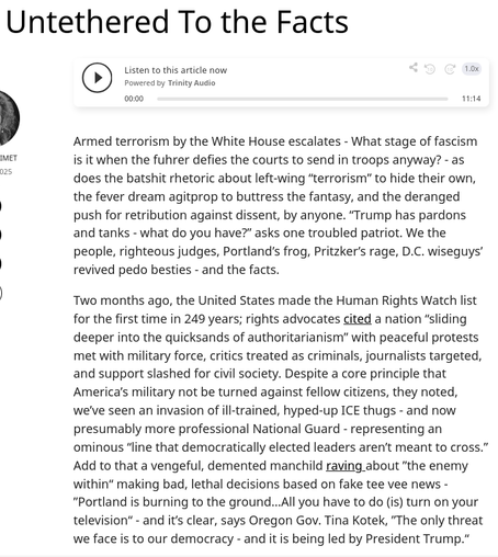 🇺🇲 Untethered To the Facts
https://www.commondreams.org/further/untethered-to-the-facts

Armed terrorism by the White House escalates - What stage of fascism is it when the fuhrer defies the courts to send in troops anyway?

🇺🇲 🇬🇧 #GOP #Christofascism #SCOTUS #antiLGBTQ #AmeriKKKa #transgenocide
🇨🇦 #Trumpism

🏳️‍⚧️ #TransLivesMatter #BlackTransLivesMatter #TransRights #TLM #BTLM
https://mastodon.social/@persagen/114186381298087870

#capitalism #inequality #DemocraticSocialism #justice
