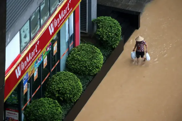 A woman wades through a flooded street next to WinMart and trimmed bushes.