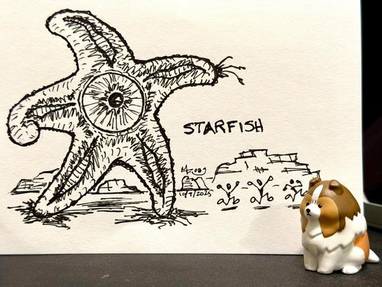 Inktober 2025 day 7: Starfish. An ink drawing of the DC Comics supervillain Starro the Conqueror, featured in the movie "The Suicide Squad", menacing fleeing civilians. An Angry Sheltie figurine props up the paper the drawing is on.