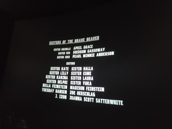 Credits for movie One Battle After Another, showing names of actors playing the Sisters of the Brave Beaver.