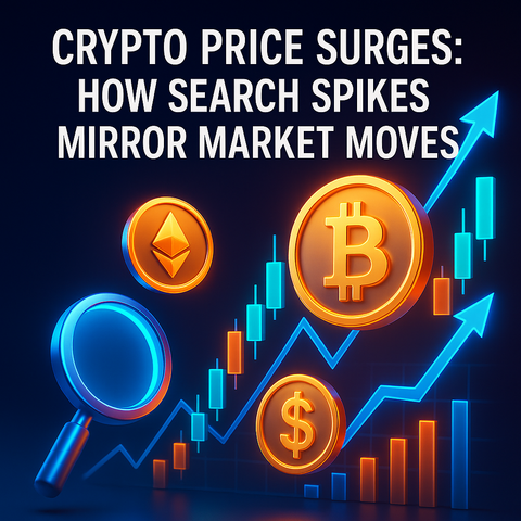 The image illustrates the surge in cryptocurrency prices and how search spikes reflect market trends.