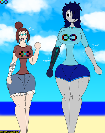 AUCTOBER 2025
08: Socialization
Mrs. Eddant and Iridium are at the beach, both wearing a short-sleeve shirt and shorts. Mrs. Eddant speaks with Iridium, whose arms fidget with joy.