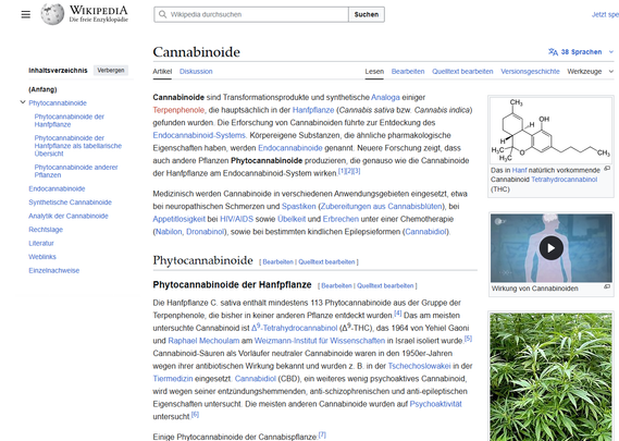 Screenshot Oktober 2025 Wikipedia Eintrag zu Cannabis und Cannabinoide:  Text , kleines Bild von Hanfpflanzen und ein Video, das man abspielen kann

... sind Transformationsprodukte und synthetische Analoga einiger Terpenphenole, die hauptsächlich in der Hanfpflanze (Cannabis sativa bzw. Cannabis indica) gefunden wurden. Die Erforschung von Cannabinoiden führte zur Entdeckung des Endocannabinoid-Systems. Körpereigene Substanzen, die ähnliche pharmakologische Eigenschaften haben, werden Endocannabinoide genannt. Neuere Forschung zeigt, dass auch andere Pflanzen Phytocannabinoide produzieren, die genauso wie die Cannabinoide der Hanfpflanze am Endocannabinoid-System wirken.[1][2][3]

Medizinisch werden Cannabinoide in verschiedenen Anwendungsgebieten eingesetzt, etwa bei neuropathischen Schmerzen und Spastiken (Zubereitungen aus Cannabisblüten), bei Appetitlosigkeit bei HIV/AIDS sowie Übelkeit und Erbrechen unter einer Chemotherapie (Nabilon, Dronabinol), sowie bei bestimmten kindlichen Epilepsieformen (Cannabidiol). 