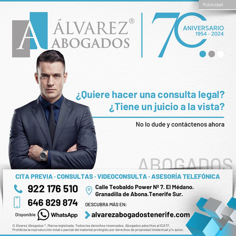 ¿Quiere hacer una consulta legal? ¿Tiene un juicio a la vista? No lo dude y contáctenos ahora, en Alvarez Abogados Tenerife le ofrecemos asesoría jurídica, defensa legal y representación de calidad desde 1954. Desde El Médano, en Granadilla de Abona, en Tenerife Sur, trabajamos y cubrimos toda la isla de Tenerife, tanto el Sur y Norte. Además de otras islas. https://alvarezabogadostenerife.com/contacto/   #alvarezabogados #abogadostenerife #abogadoscanarias #abogados #Tenerife #legal #derecho #tenerifelegal  