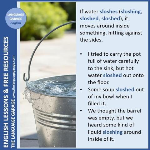 English water verbs, examples with slosh, image of water sloshing out of a bucket