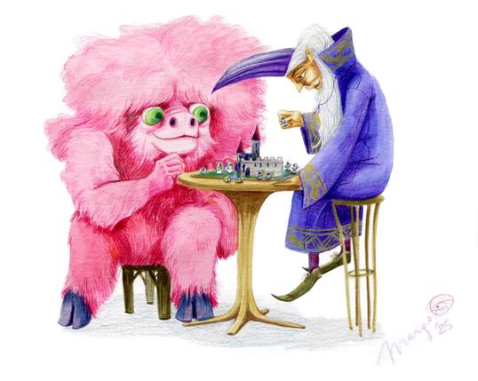 A drawing on a white background. There are two characters who are playing a board game. On the left is a big, fluffy, pink monster. He has the legs of a goat and is hairy all over. His hair looks like candy floss. It has the same pink colour as well. He has a smile and big, friendly, green eyes. He sits on a small wooden stool. On the right sits a wizard on a high bar stool. He is absorbed in the game, and is about to make a move. He has a pointy hat, and wears long robes. His feet don't touch the ground. The game board on the table has little figurines and a castle in the middle. 
