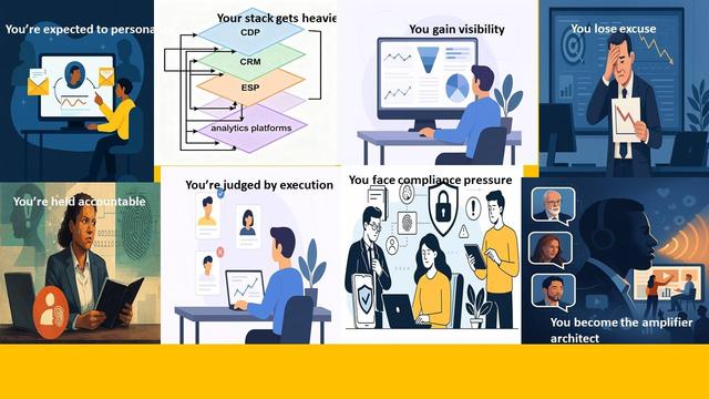 An eight-panel visual illustrating the strategic pressures faced by CX professionals using CDPs:

Expected to personalize customer experiences

Technology stack becomes increasingly complex

Gain visibility into customer behavior

Lose the excuse of “we didn’t know”

Held accountable for outcomes

Judged by execution quality

Face mounting compliance and privacy pressures

Become the architect of amplification across platforms