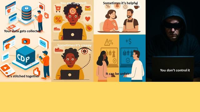 A six-panel illustration showing the journey of personal data:

A user unknowingly shares data.

The data is stitched together by a CDP.

The user is targeted with ads.

The experience feels invasive and creepy.

Sometimes the targeting is helpful.

Ultimately, the user lacks control over their data.