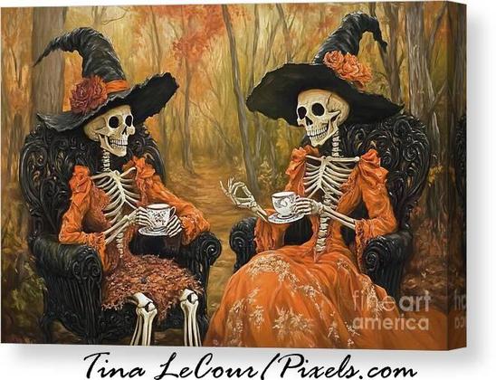 This is a Halloween canvas of a pair of female skeletons dressed like witches having tea together in the middle of the woods. 