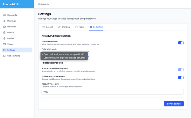 Loops Federaetion Settings