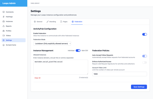 Loops Federaetion Settings