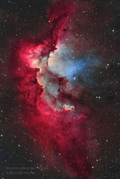 Located only 8,000 light years away, the Wizard nebula, featured here, surrounds developing open star cluster NGC 7380. Visually, the interplay of stars, gas, and dust has created a shape that appears to some like a fictional medieval sorcerer. The active star-forming region spans 100 about light years, making it appear larger than the angular extent of the Moon. The Wizard Nebula can be located with a small telescope toward the constellation of the King of Aethiopia (Cepheus). Although the nebula may last only a few million years, some of the stars being formed may outlive our Sun.
