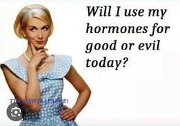 Will I use my hormones for good or evil today [woman in 50's costume with the thinking hand up to her face]