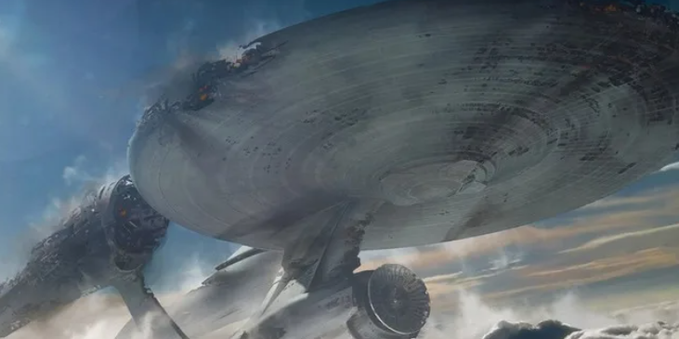 The Enterprise rises through the clouds in "Star Trek Into Darkness" (2013) - Paramount
