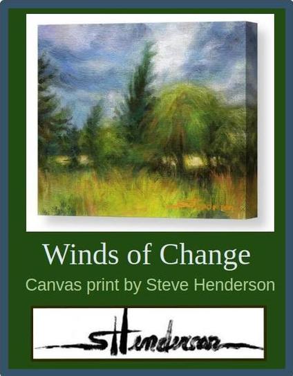 Canvas print of an original oil painting depicting a copse of small trees under a cloudy and broody sky.