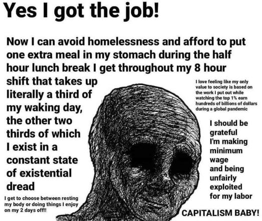 Black and white meme featuring the Wojak character expressing existential dread about starting a new job under capitalism.