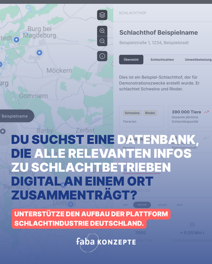 Du suchst eine Datenbank, die alle relevanten Infos zu Schlachtbetrieben digital an einem Ort zusammenträgt?  Unterstütze den Aufbau der Plattform Schlachtindustrie Deutschland. Faba Konzepte
