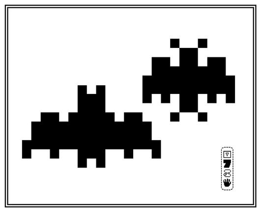 two super low resolution bats drawn in black pixels on white. one is only 9x10 pixels and the other is 9x15. a maker’s mark appears in the corner.