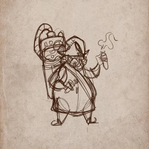 Rough sketch of a character surrounded by flasks and chemical tools. The figure wears a mask; the atmosphere feels toxic and experimental, like a mix of science and magic.