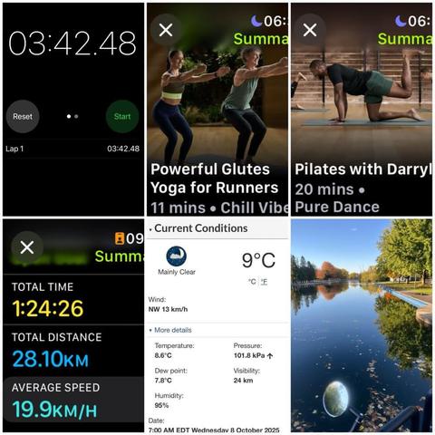 Grid of iOS screenshots and a photo:
1) Timer app showing 03:42.48.

2) Apple Fitness Powerful Glutes Yoga for Runners, 11 mins.

3) Apple Fitness Pilates with Darryl, 20 minutes.

4) Apple Fitness Cycling Details:
Total Time: 1:24:26.
Total Distance: 28.10 KM.
Average Speed: 19.9 KM/H.

5) Environment Canada site showing 9°C, 95% humidity, and 13 KM/H wind.

6) Photo taken on the lock crossing at CarletonU over the Rideau Canal, cubed with trees in various states of fall changes, the water reflecting the clear blue sky, and at the bottom, the circular bike mirror is visible.