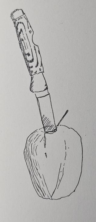 An ink drawing showing a knife piercing an apple.