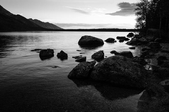 Boulders on the shore of Jenny Lake, at dawn.