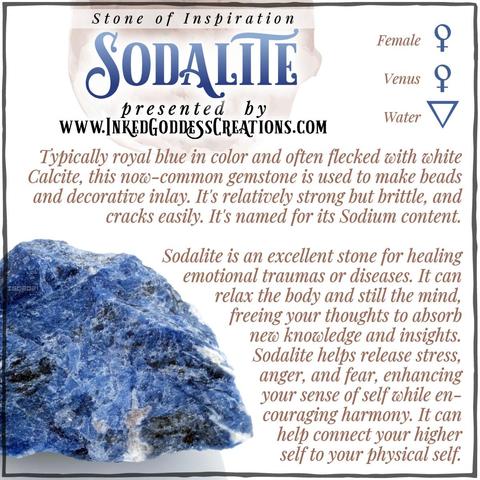 A raw chunk of blue sodalite sits against a white background. The text explains sodalite's metaphysical correspondences, some trivia about its origin, and ways to use it in your magickal practice. Presented by Inked Goddess Creations.