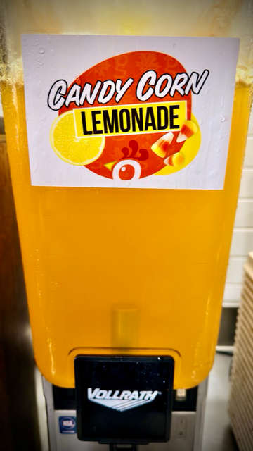 A Huey Magoo’s beverage dispenser filled with the limited time flavor, candy corn lemonade.