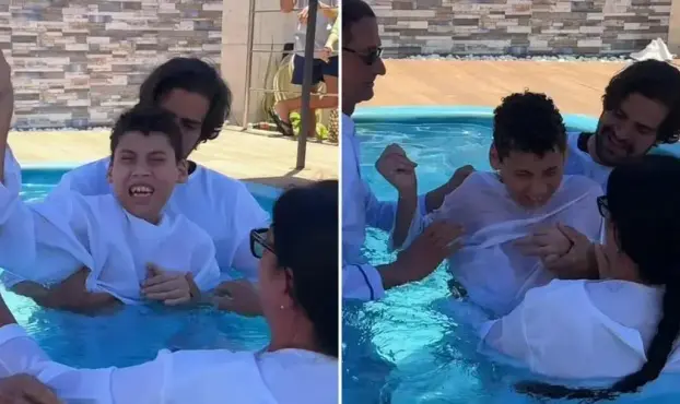 Menino que vive com paralisia cerebral, foi batizado em uma piscina e celebrou publicamente o seu amor por Jesus. Foto: Reprodução/Instagram/Thábata Veloso