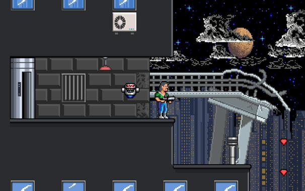A screenshot from the upcoming BioMenace Remastered game, showing the protagonist Snake Logan standing on the edge of a building at night, with a destroyed bridge and big city skyline in the background.