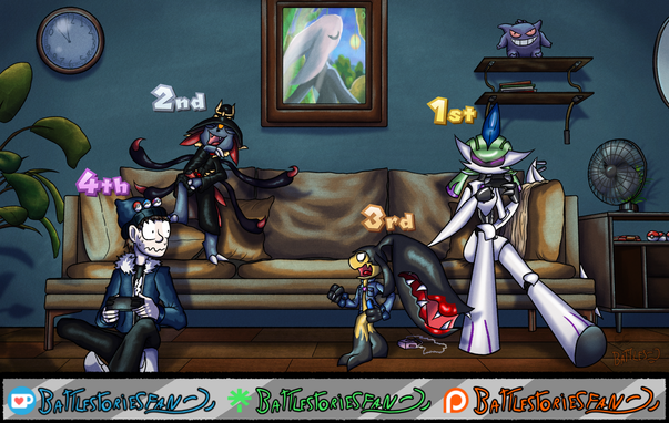 Digital Artwork of the Commissioner's characters. Tag, the human, is sitting on the ground holding a switch pro controller, with "4th" above his head. The Usurper, weavile, is standing on the couch behind him and laughing triumphantly with a "2nd" next to her head, she's holding a switch red joycon. Crunchy, mawile, is standing beside Tag with fury in her eyes, holding a blue joycon with a "3rd" next to her head. FAE, Iron Valiant, sits on the opposite end of the couch smiling while holding a pro controller, with "1st" in the air.