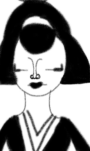 Soft, medium, and hard charcoal drawing of a Japanese geisha