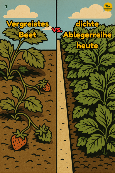 Gegenüberstellung: links eine alte, ausgelaugte Erdbeerpflanze, rechts eine dichte Reihe frischer Ableger