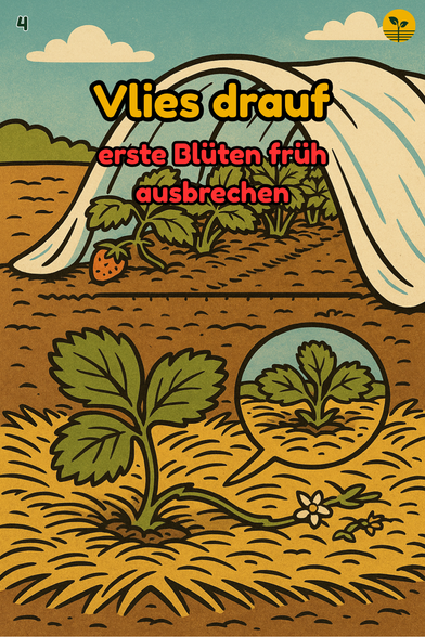 Eine frisch bepflanzte Erdbeerreihe liegt unter lockerem Vlies; neben einer Pflanze liegen abgeschnittene Blütenstiele