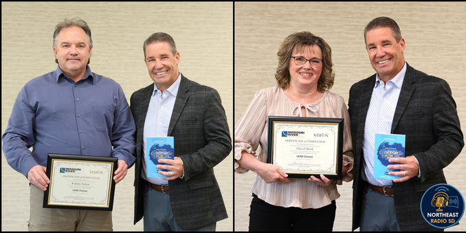 Two people each pose with a man holding a blue book. They display certificates, smiling against a beige background. Text: "MISSOURI RIVER" and "LEAD Course".