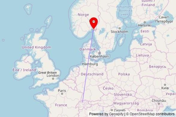 A map showing the great circle route from Oftringen in Switzerland to a map pin at Østre Fredrikstad kirke, Kirkegaten, 1632 Fredrikstad, Norway