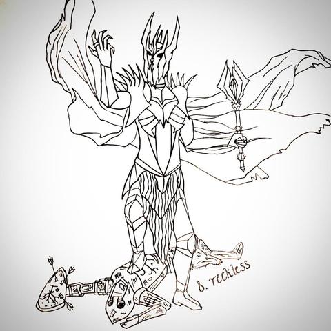 A fanart of Sauron from The Lord of the Rings, standing tall and reckless with his armored foot on a fallen warrior, gazing upward with cold confidence.