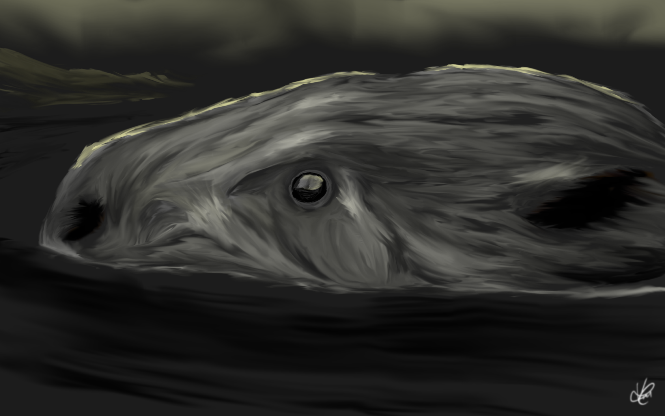 Digital paintnig of a beaver-like creature surfacing off a dark pond.