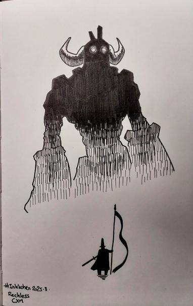 La silhouette d'un géant monstreux surplombe une toute petite silhouette de héros un bannière dans une main, une épée dans l'autre