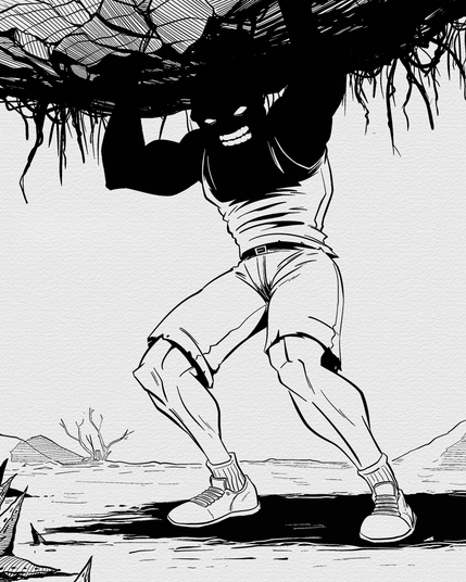 drawing of a colossus carrying a huge rock