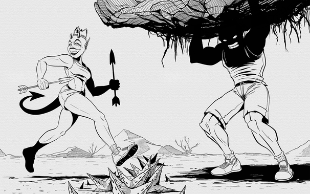 drawing of a colossus carrying a heavy rock to knock out a reckless she-devil