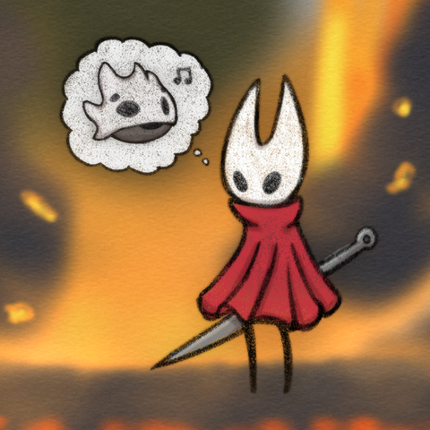 a sketch of Hornet from Hollow Knight Silksong, she's standing in a lava filled place thinking about her bell beast singing or making noises. the background is very loosely painted in glowing oranges and dark rocks.