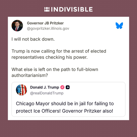 Governor Pritzker on Bluesky: “I will not back down.  Trump is now calling for the arrest of elected representatives checking his power.  What else is left on the path to full-blown authoritarianism?”
