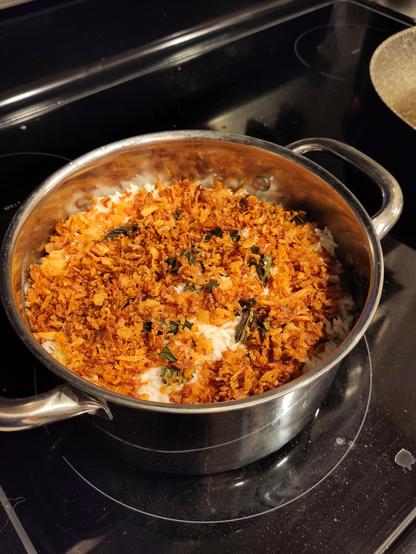 The biryani before mixing. It's vegan, using Impossible brand mincemeat.