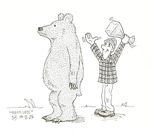 Ink drawing of a grizzly bear on its hind legs. An idiot in a plaid hunting jacket is standing behind it, about to pop a paper bag.