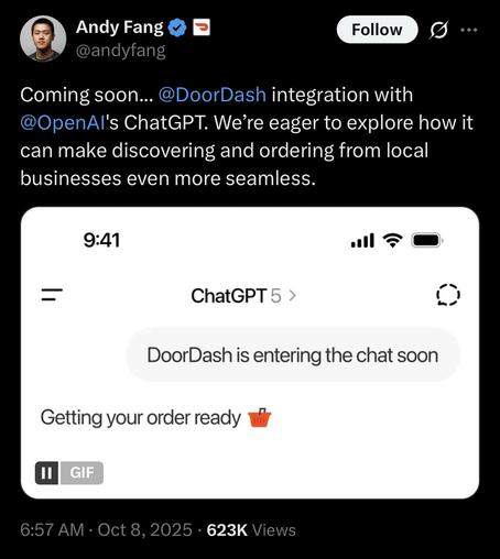 Tweet from Andy Fang (@andyfang) with a DoorDash logo next to his name. The tweet reads: “Coming soon… @DoorDash integration with @OpenAI’s ChatGPT. We’re eager to explore how it can make discovering and ordering from local businesses even more seamless.”  Below the text, there’s an image showing a phone screen mockup. The interface displays “ChatGPT 5” at the top and a chat bubble that says: “DoorDash is entering the chat soon.” followed by “Getting your order ready 🧺.” The time on the phone shows 9:41, and a small “GIF” label appears at the bottom left. The tweet timestamp reads 6:57 AM · Oct 8, 2025 · 623K Views.